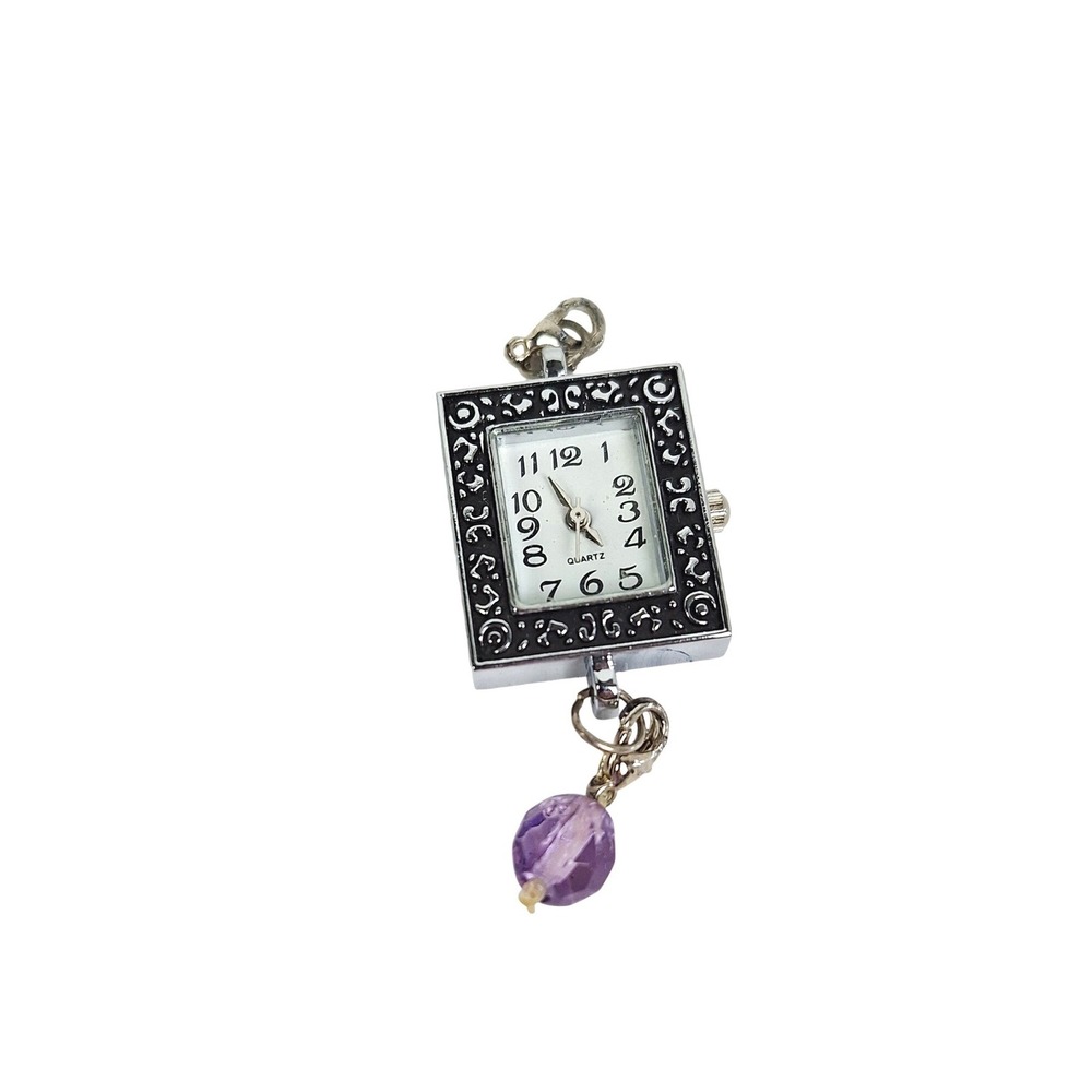Vintage Silver Filigree Square Watch Pendant Purple Bead Accent Quartz Movement